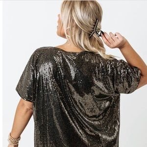 Black with Gold sequin short sleeve v-neck blouse